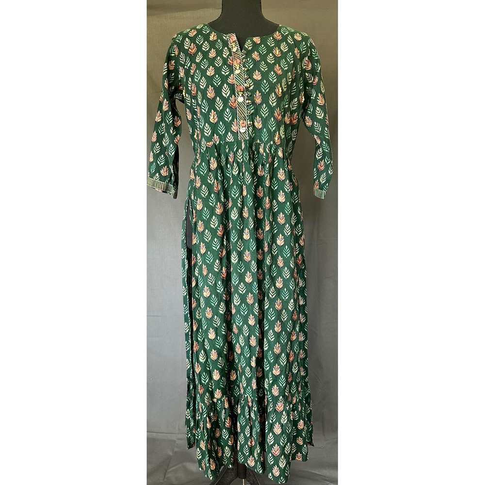 Aari Womens Green Print Anarkali Maxi Dress Tassel Belt‎ Size L Made in India